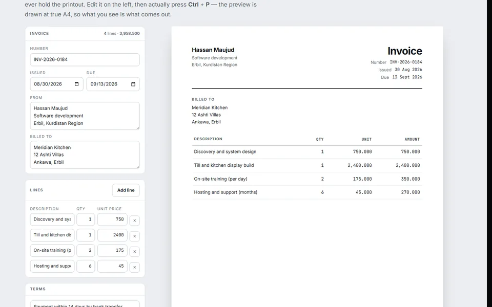 Invoice builder — document design sample